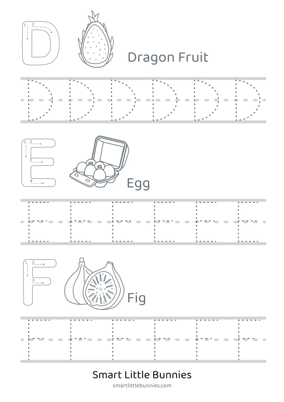 Capital Letters D–F with Food Images